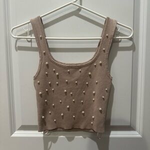 Love Tree Pearl Embellished Brown Tank Top